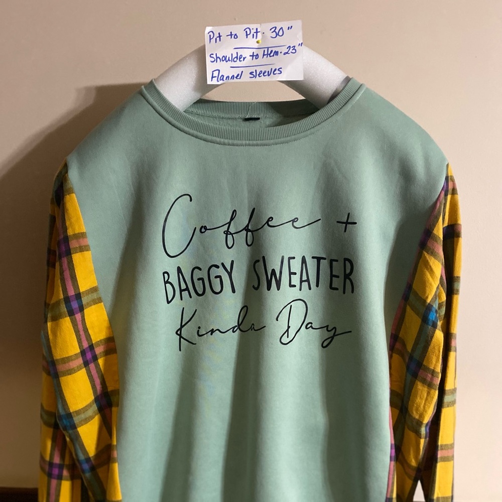 Coffee & baggy Sweater Weather day Green and Yellow Plaid Sleeve Sweatshirt  XL
